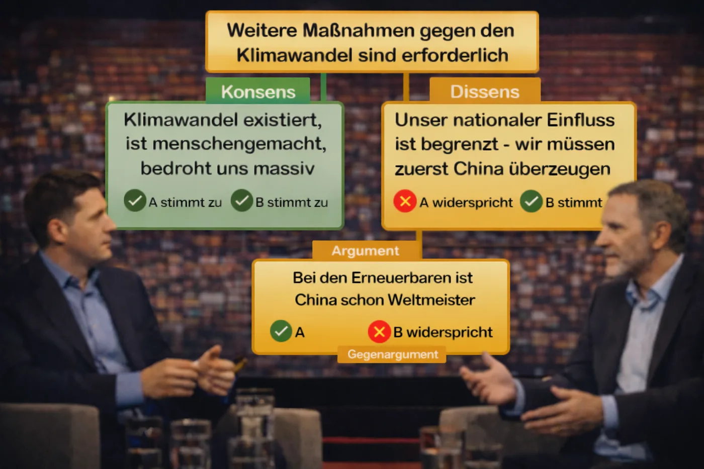 Talkshow-Szene mit eingeblendetem Argumentbaum: Konsens und Dissens zu einer These